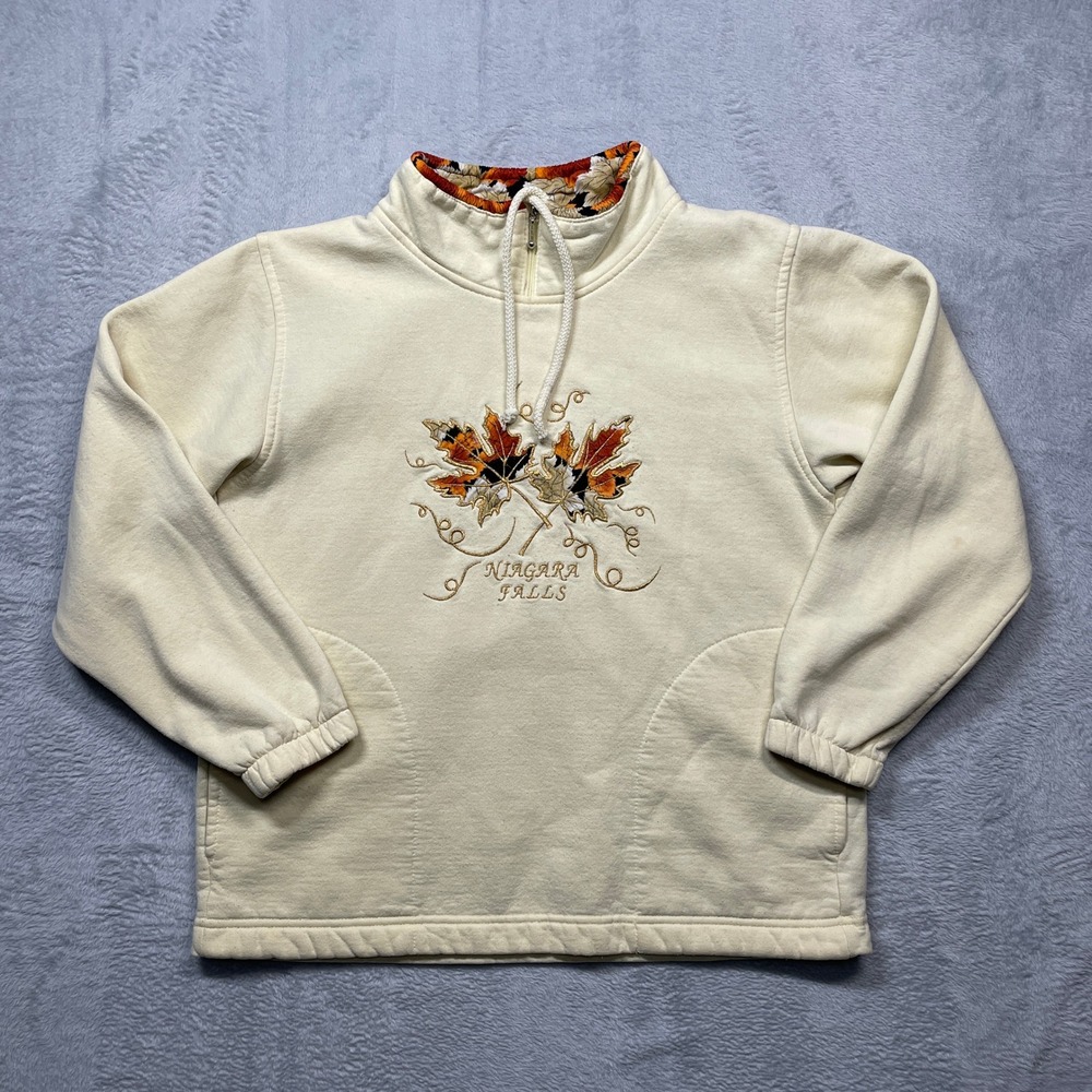 VTG Cityscape Niagara Falls Sweatshirt Women Small Cream Embroidered Quarter Zip